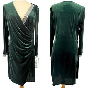 MSK Dress Women's L NWT Emerald Green Velvet Holiday Party Christmas Faux Wrap